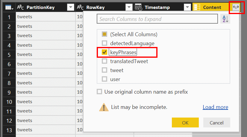 Extend content column and select keyphrases