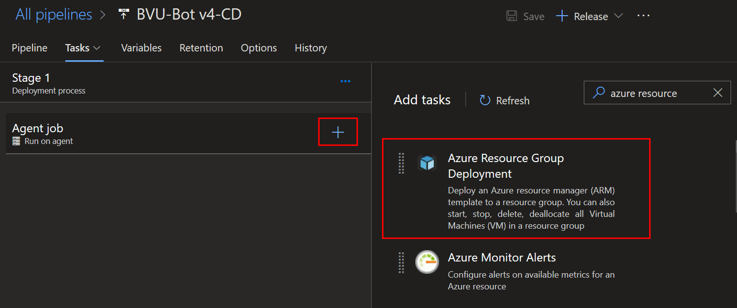 Add the Azure Resource Group Deployment task