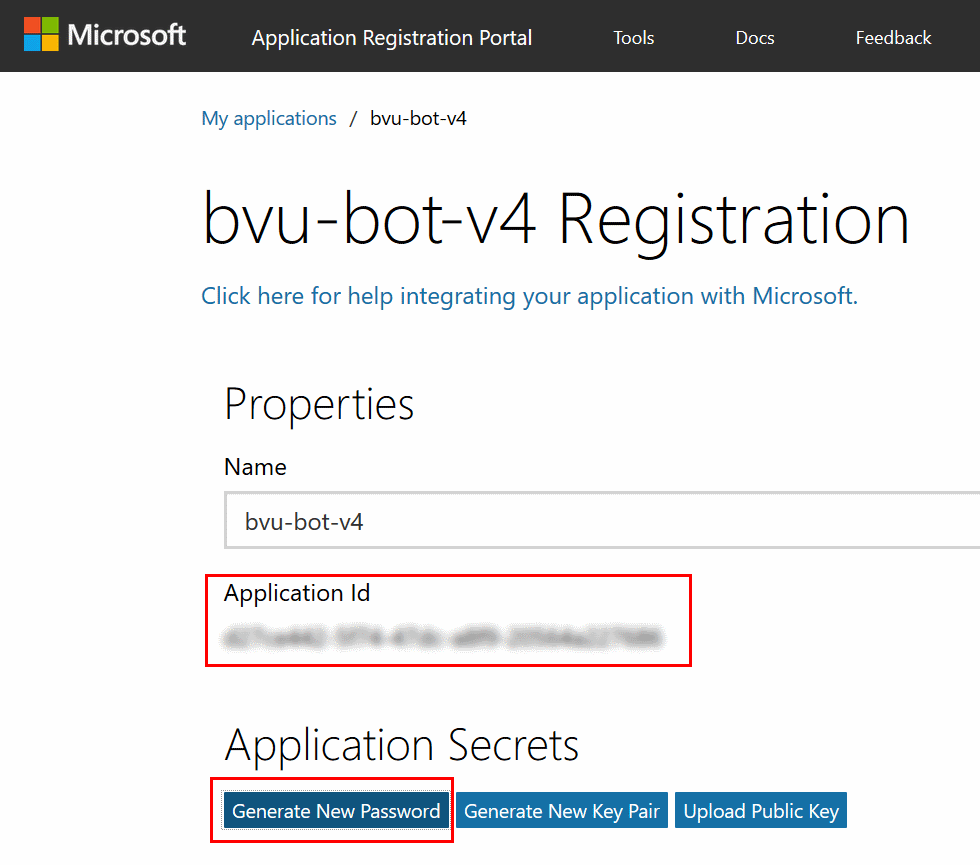 App registration page with application Id and password
