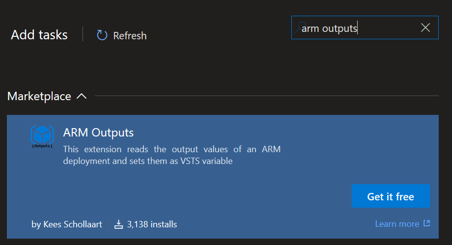 Install the ARM Outputs extension from the marketplace